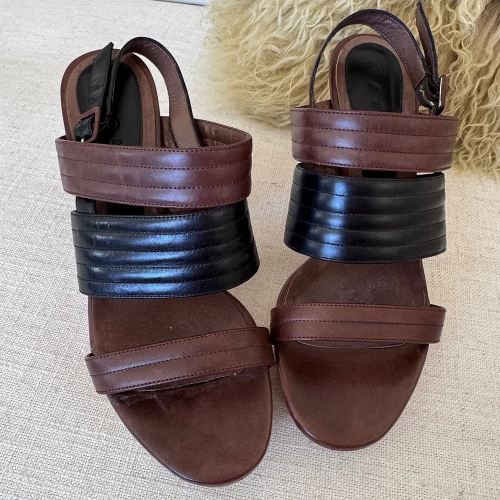 Marni Brown/Black Quilted Leather Strap Wood Platform Sandals Size‎ 38